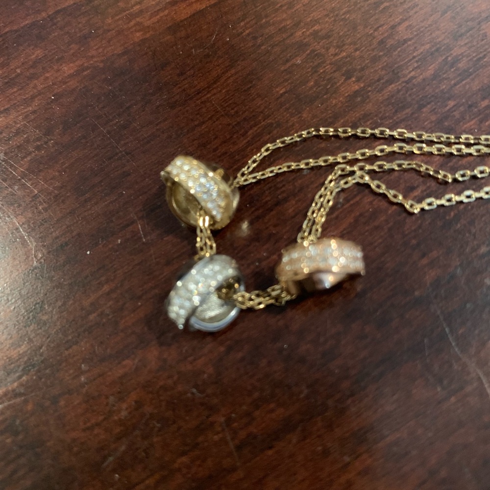 MK Tri Tone 3 Ring Crystal Pave Pendant Necklace - Picture 3 of 5